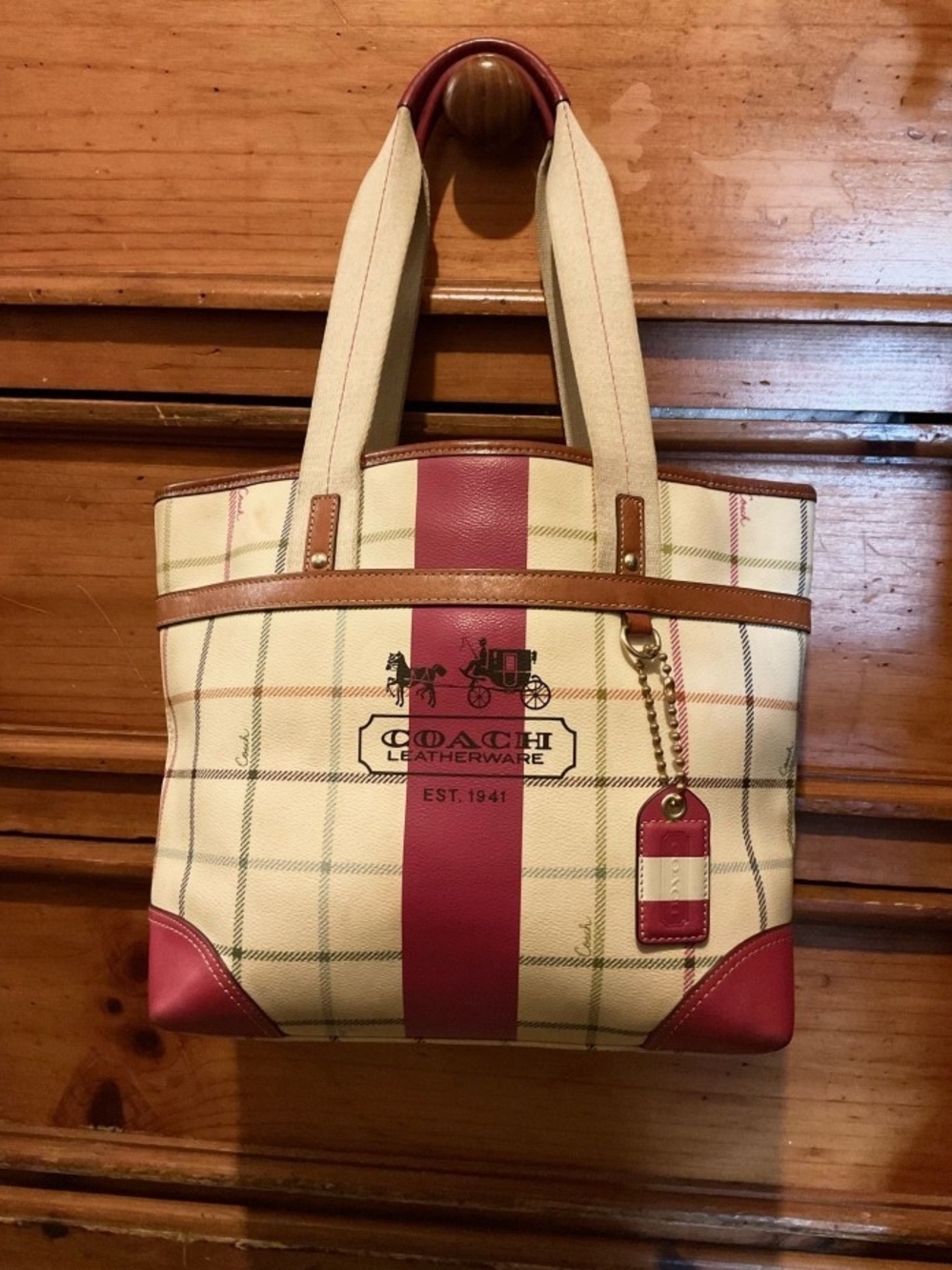Coach Cream Canvas Tote with Red Leather Trim and Brown Accents